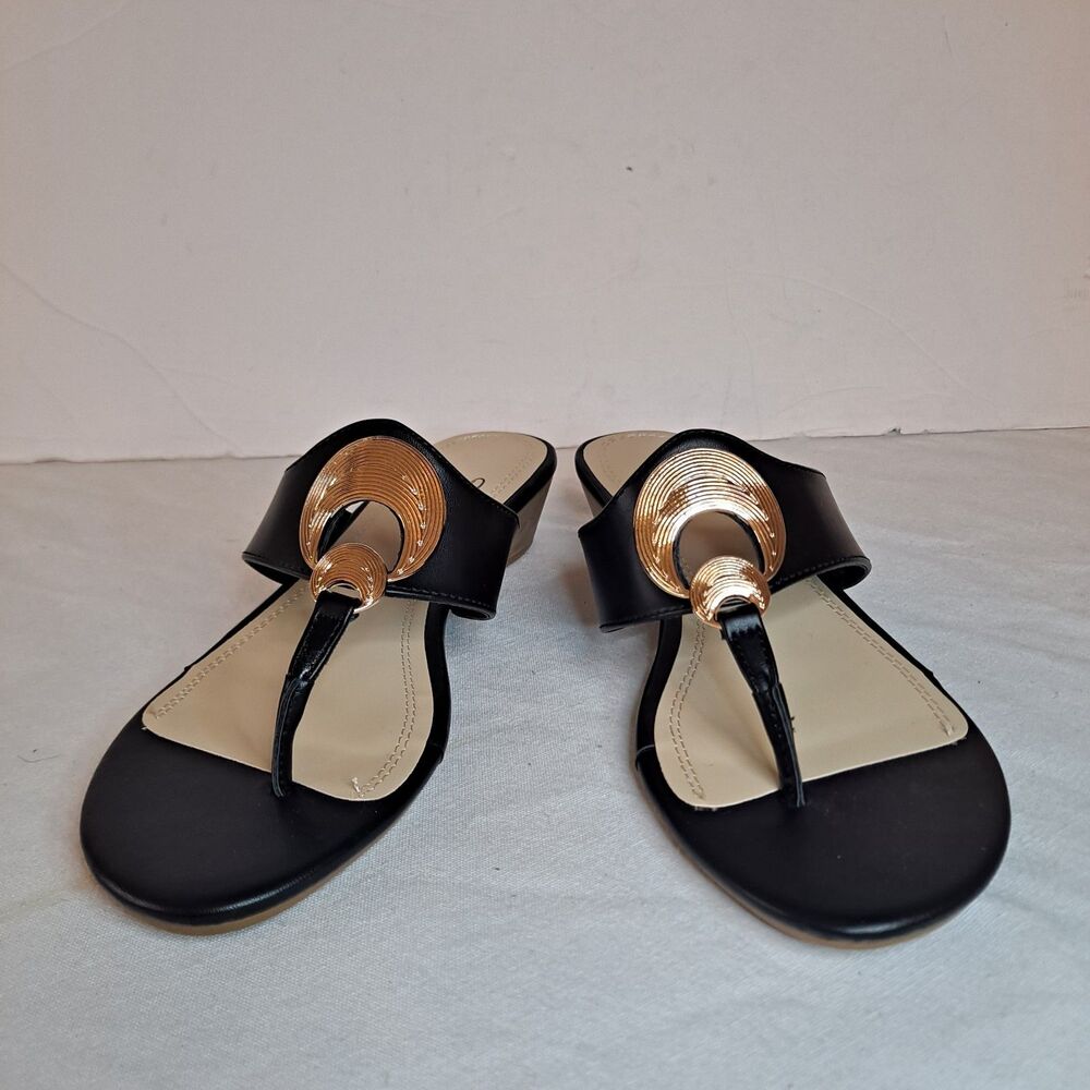 Impo Ronette Slide Sandals Women's 7.5 Black Gold Circle Cork Wedge Heel